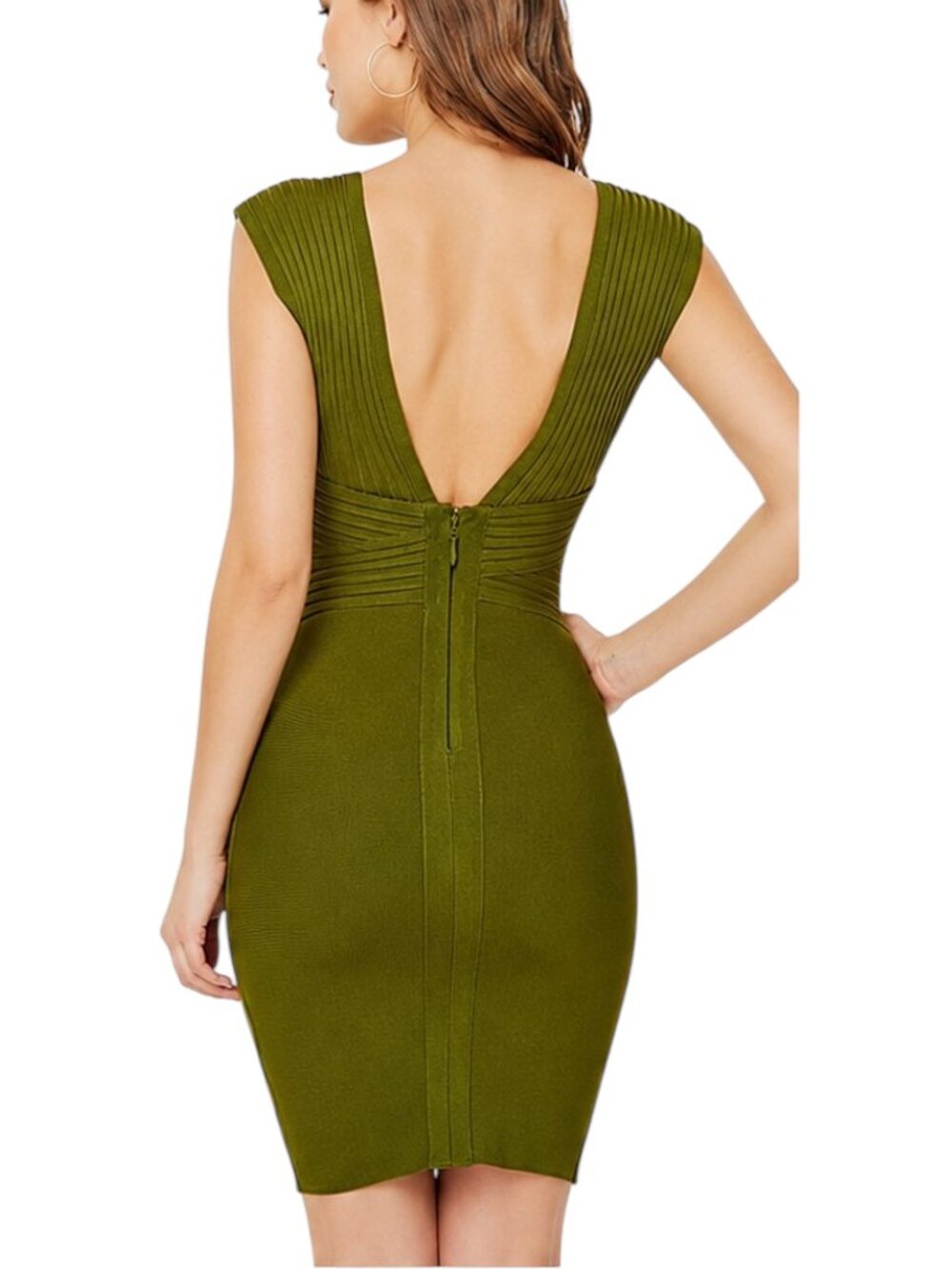 Olive Green Wide Shoulder Strap Open Back Bandage Bodycon Deep V Dress | M - Picture 2 of 9